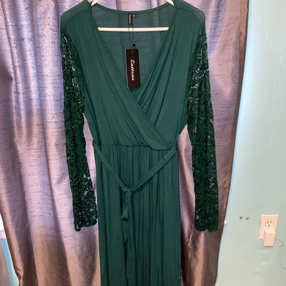 Zattcas Womens Vintage Floral Lace Long Sleeve Faux Wrap V Neck Long Maxi Dress